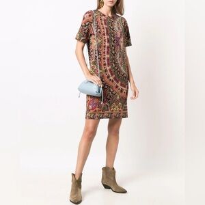 ETRO Abito Santa Cruz Shift Dress Short Sleeve Boho Paisley Floral Mini Dress